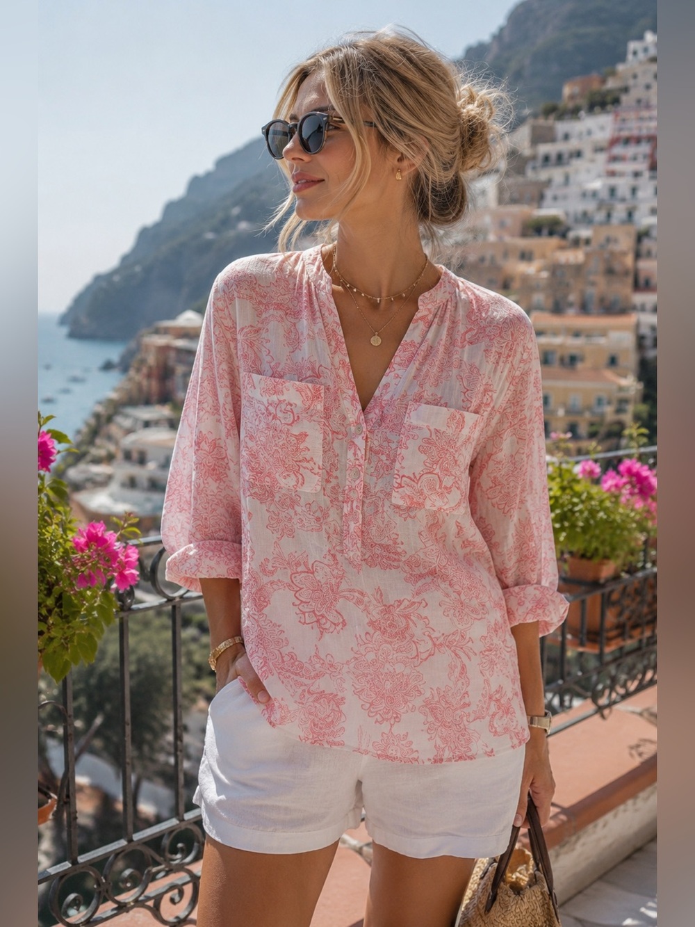 eden&olivia top blouse floral print White/Pink Cotton SIZE:L